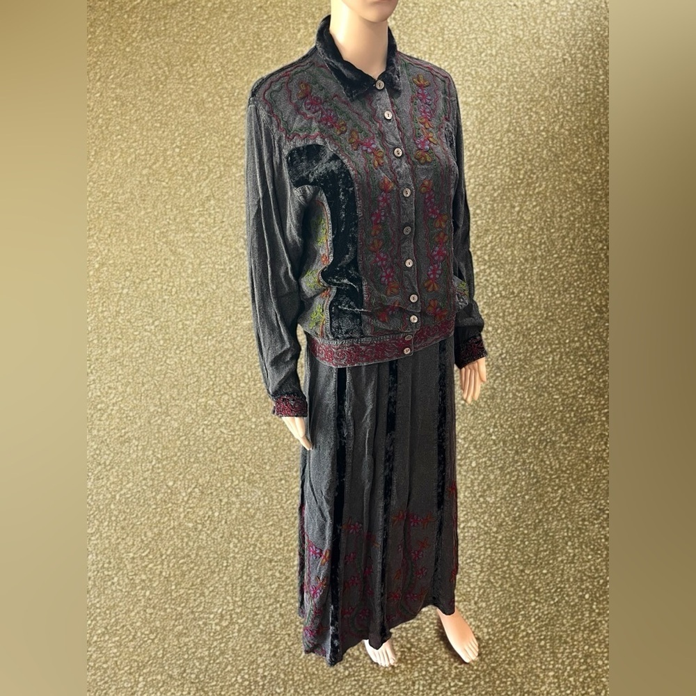 Hippie BoHo velvet embroidered two piece skirt set-XL vintage grunge